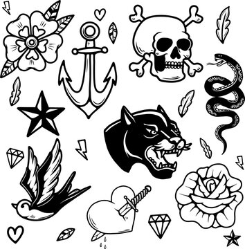 Set of tattoo design elements. Design element for poster, card, t shirt. Vector illustration