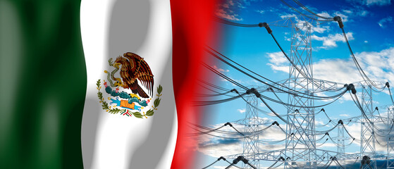 Mexico - country flag and electricity pylons - 3D illustration