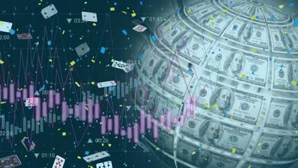 Animation of globe and banknotes over data processing - Powered by Adobe