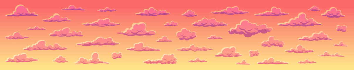 Orange cumulus clouds against a sunset evening sky in sunlight. Vector illustration. Game design of the environment. Panorama
