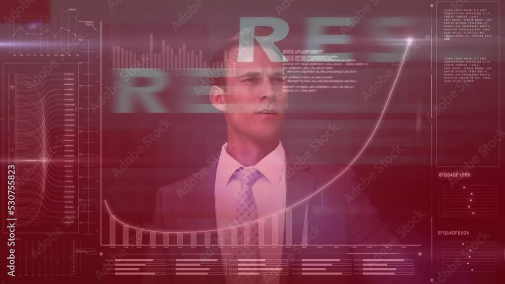 Aufkleber animation of data processing over results text and caucasian businessman