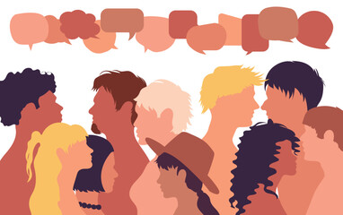 Communication text. Speech bubble. People conversing and sharing ideas on social networks. Vector cartoon multiethnic people talking in a profile.