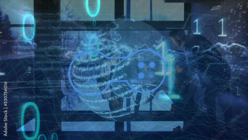 Poster animation of data processing over globe and business people