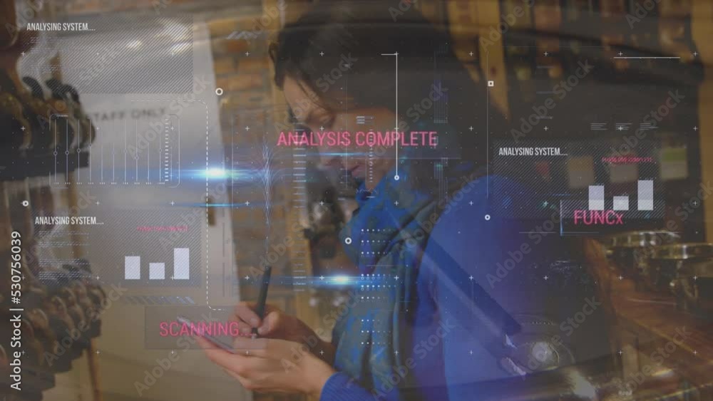 Aufkleber animation of data processing over caucasian woman using smartphone