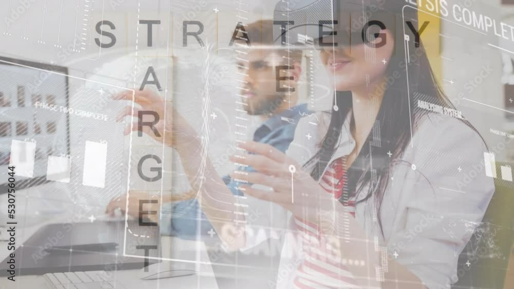 Poster animation of data processing over caucasian business people using vr headset