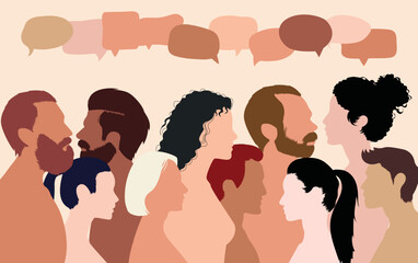 Communicate, connect, and share virtual information. High quality vector cartoon of a group of people talking sharing information or ideas with each other.