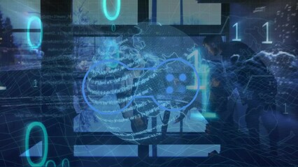 Animation of data processing over globe and business people - Powered by Adobe