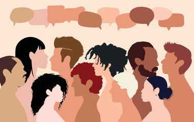 Talking with friends. Vector cartoon profile. Social network and group of diverse people. Concept communication. Friends chatting.