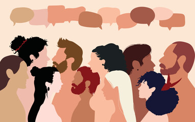 The multicultural crowd talking. The concept of equal opportunity and protest. Vector cartoons depicting people communicating and sharing ideas on social media.