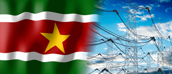 Suriname - country flag and electricity pylons - 3D illustration