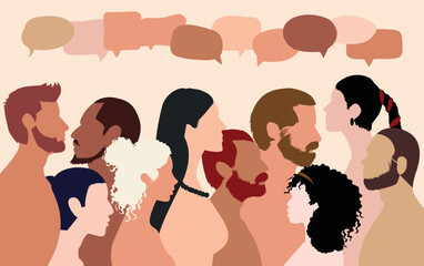 People talking in a multicoloured group on a network. People communicating through a speech bubble. A social network and dialogue between people from different ethnicities.