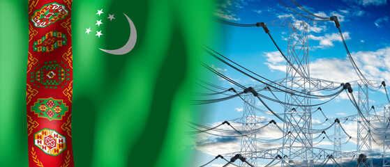Turkmenistan - country flag and electricity pylons - 3D illustration