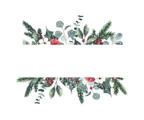 Watercolor christmas winter frame isolated on white background. Christmas floral greenery spruce wreath for greeting card illustration - 530756289