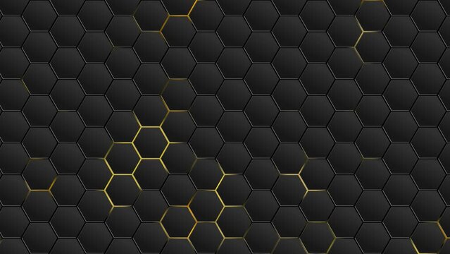 4k Abstract luxury black gradient background. Futuristic hexagon grid and gold line light stripes effects. Geometric sci-fi graphic motion animation. Seamless loop dark backdrop