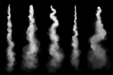 White smoke trail of jet, plane or rocket flight. Airplane contrails in air, spray of fog or steam flow from spaceship takeoff isolated on black background, vector realistic set © klyaksun
