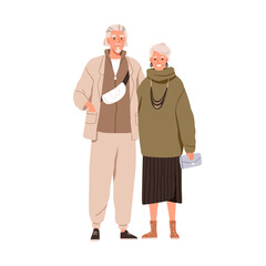 Senior couple of happy elderly man and woman in modern trendy casual apparel. Old spouse wearing fashion stylish clothes, gunshoes. Flat graphic vector illustration isolated on white background