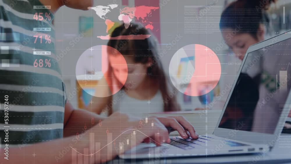 Poster animation of data processing over diverse students using laptop