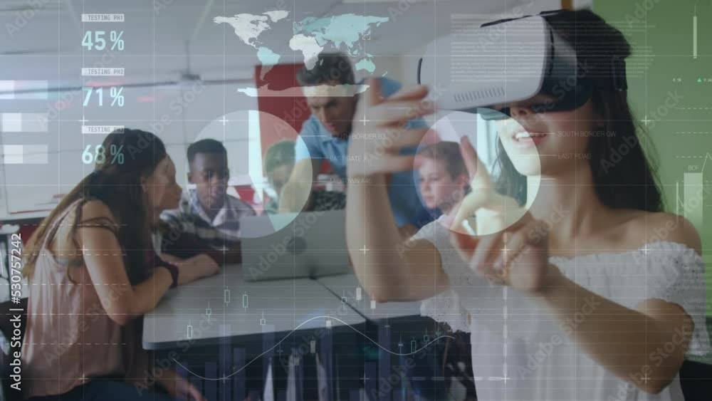 Poster animation of data processing over diverse students with teacher using laptop