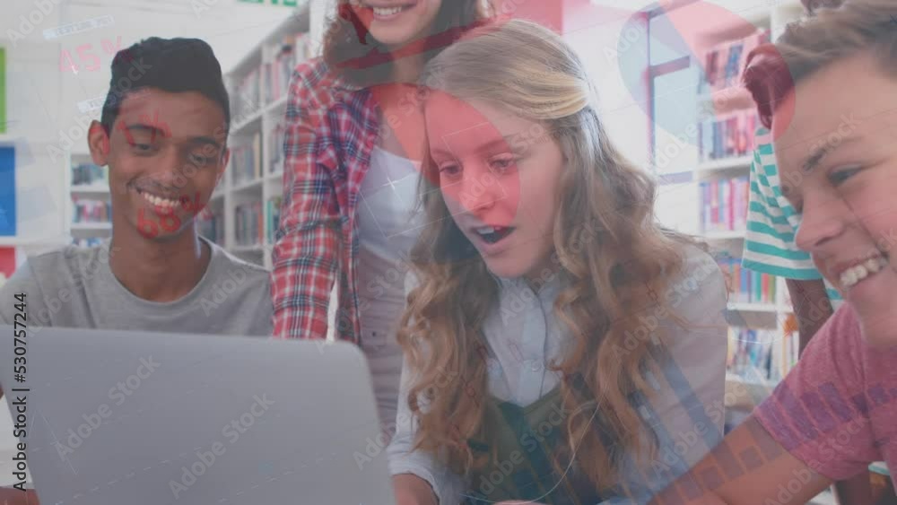 Poster animation of data processing over diverse students using laptop
