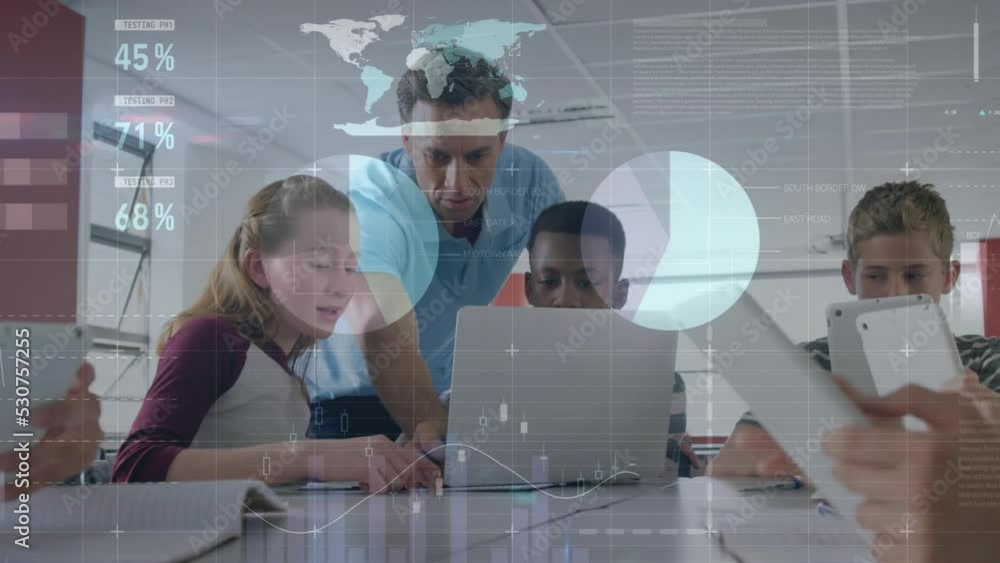 Poster animation of data processing over diverse students using laptop