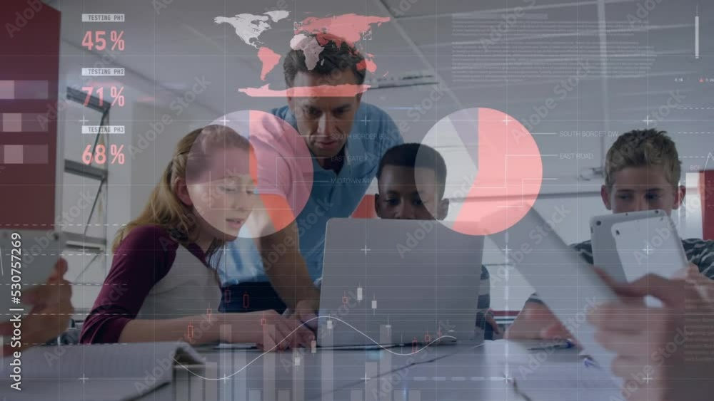 Poster animation of data processing over diverse students using laptop