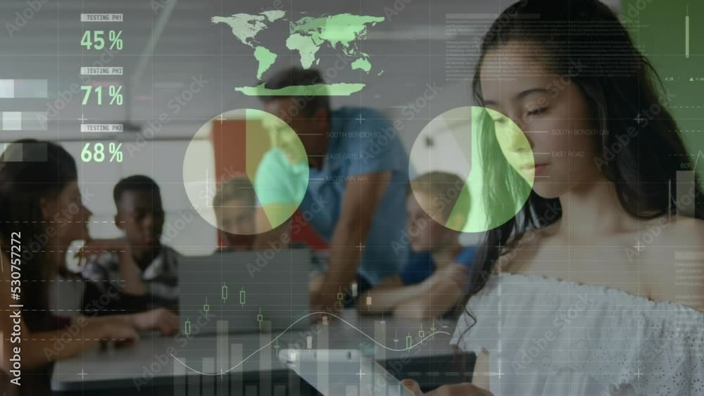 Aufkleber animation of data processing over diverse students using laptop