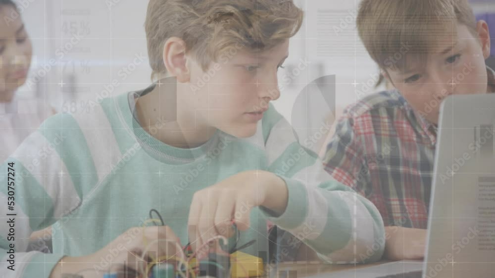 Poster animation of data processing over diverse students using laptop