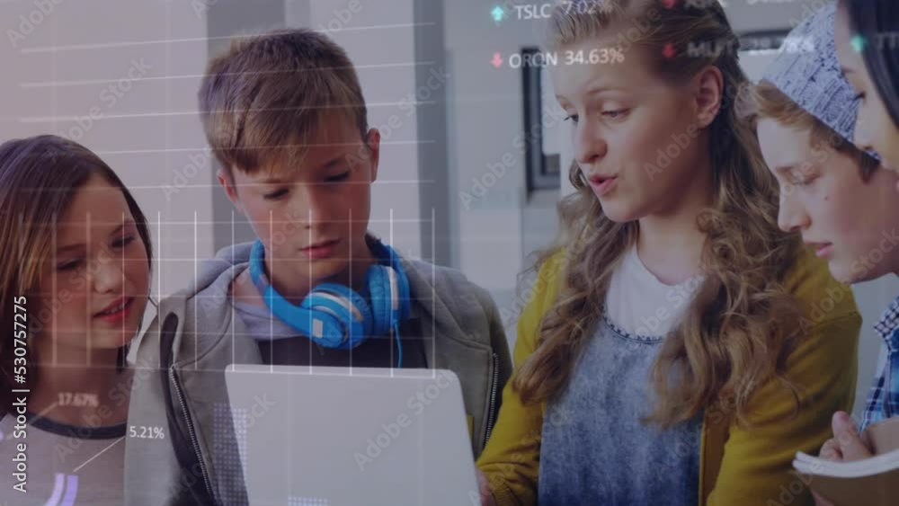 Poster animation of data processing over caucasian students using tablet