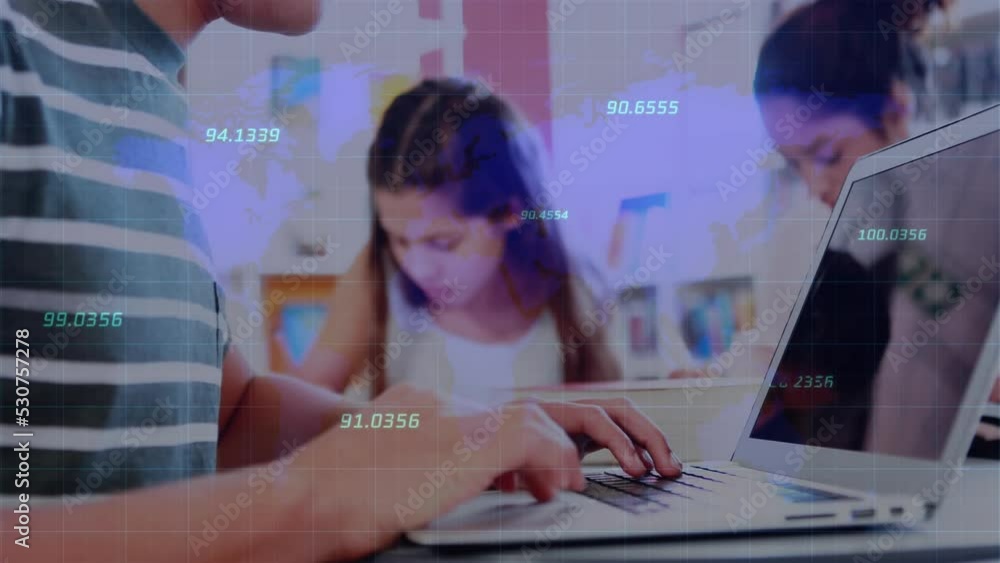 Poster animation of data processing and world map over diverse students using laptop