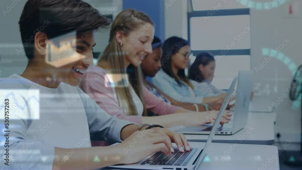 Poster animation of data processing over diverse students using laptop