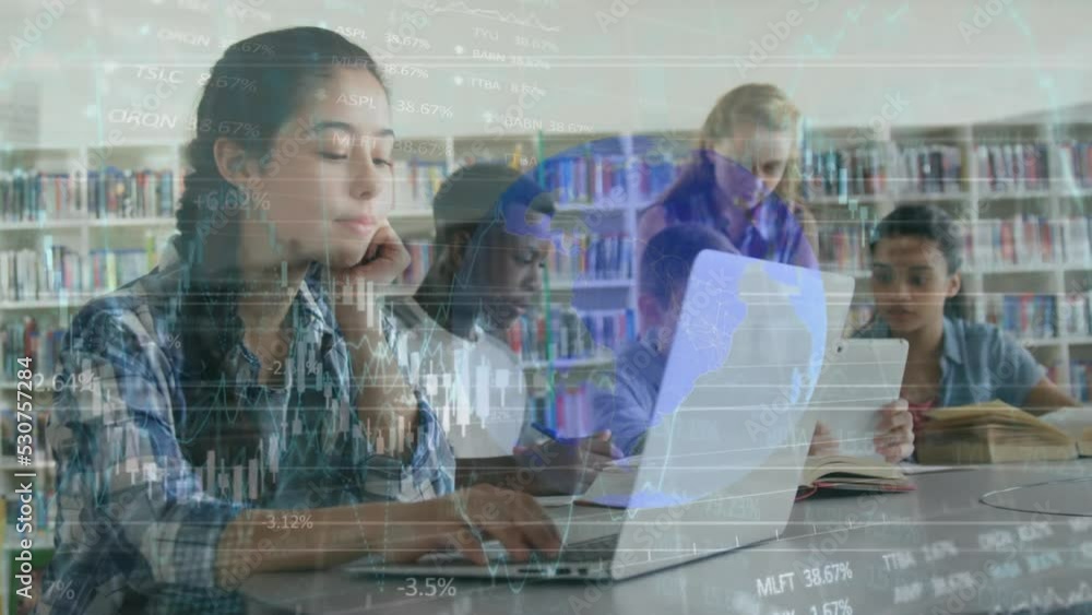 Poster animation of data processing over diverse students using laptop
