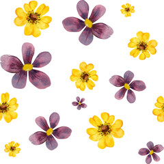 Watercolor hand drawn seamless pattern with yellow and purple flowers, isolated on white background. Design for cards, gift bags, invitations, textile, print, wallpaper, for children
