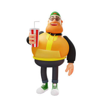 3D illustration. Fat Man 3D Cartoon image drinking a big glass of cola. holding glass of cola in hand. showing a handsome laughing face. 3D Cartoon Character