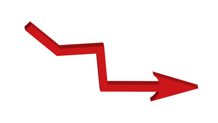 Red 3d large down arrow sign isolated on white background. Inflation Bar chart. Graph. Rise price. Finance and Economy. Market volatility. Global economic crisis concept. Recession. Infographics. Icon