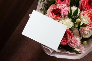 
bouquet of flowers and a card from the sender. unknown admirer. Roses, carnations, lisianthus. card mockup