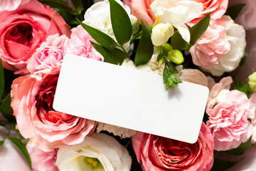 
bouquet of flowers and a card from the sender. unknown admirer. Roses, carnations, lisianthus. card mockup