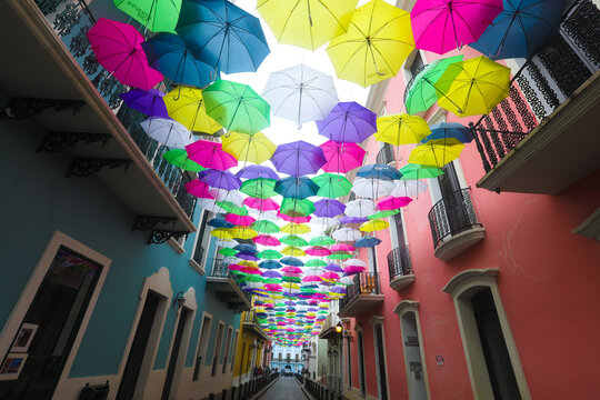Fototapeta Colorful Umbrellas of downtown San Juan, Puerto Rico s capital and largest city, sits on the island's Atlantic coast.