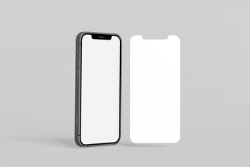 Two potret phones mockup isolated on a grey background in flat lay and 3D rendering. Realistic template of blank display concept for presentation