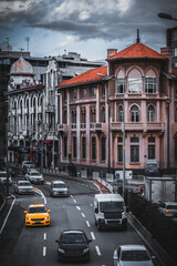 Fototapeta premium Izmir city view, coast and seaside with buildings roads cars trams boats to city transportation