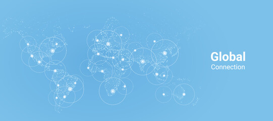 World map made up of tiny dots on blue background. Vector global connection for print, website, graphic design, cover, banner. Global connection business concept.