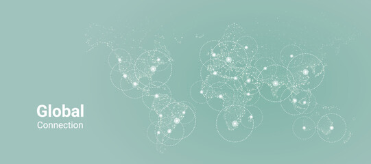 World map made up of tiny dots on green background. Vector global connection for print, website, graphic design, cover, banner. Global connection business concept.