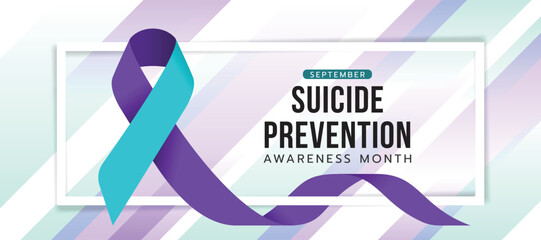 Suicide prevention awareness month text in white frame with suicide awareness prevention ribbon roll around on abstract soft purple and green blue stripe texture background vector design
