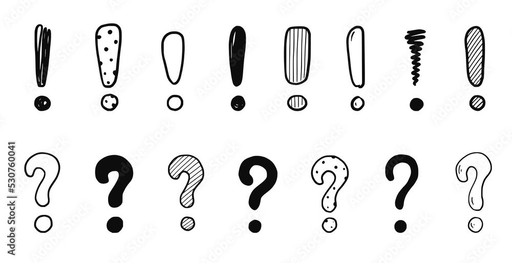 Leinwandbilder doodle exclamation point and question sign mark set. hand drawn sketch style exclamation point sign,