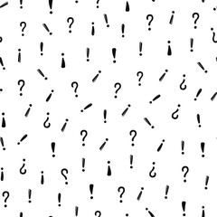 Hand drawn exclamation, question mark seamless pattern. Scribble doodle exclamation point sign background. Hand drawn sketch danger pattern. Vector illustration.