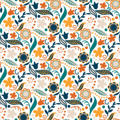colorful folkloric seamless pattern with filigree flowers and plants vivid colors and stroke