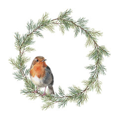 Watercolor Christmas wreath of spruce branches and