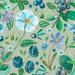Seamless botanical pattern with watercolor illustrations. Blue wild flowers, leaves, blueberry, poppies at light green background for textile.