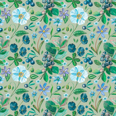 Watercolor floral seamless pattern for textile or packing at green background. Botanical illustrations with flowers, leaves and berries.