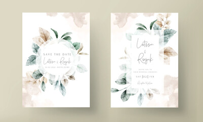 Fototapeta elegant wedding invitation card watercolor leaves with sage color obraz