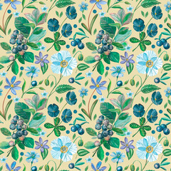Fototapeta na wymiar Watercolor seamless botanical pattern with blueberry and blue poppies. Vintage illustrations for fabric and packs.